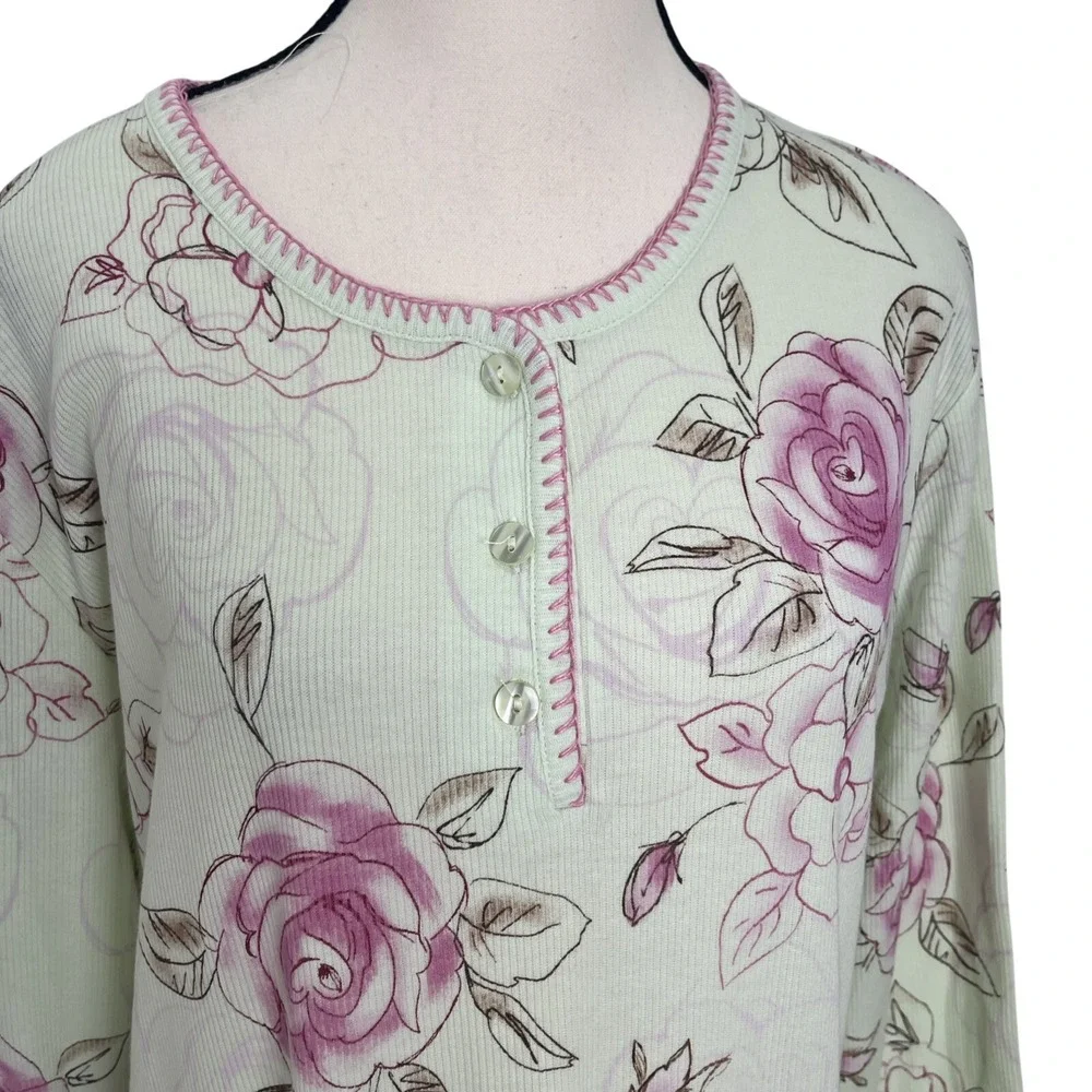 Of the Moment Nightgown Womens Medium Green Pink Good Floral‎ Ribbed Henley Long